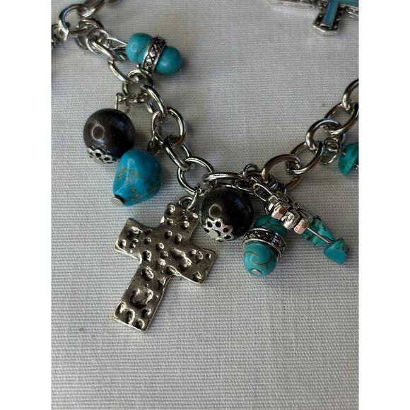 Silver Cross and Turquoise Charm Bracelet Southwest Chunky Western NWT - Picture 7 of 9